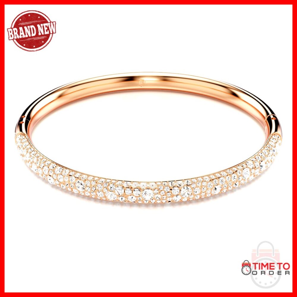 Crystal Bangle Bracelet Rose Gold Tone Snow Pave Tilt Up Clasp Elegant Chic